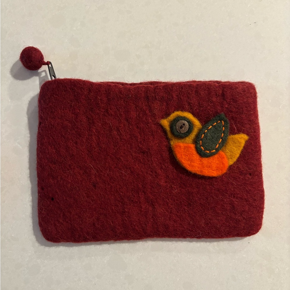 Felted Small Maroon/Dark Red with Bird Appliqué Clutch